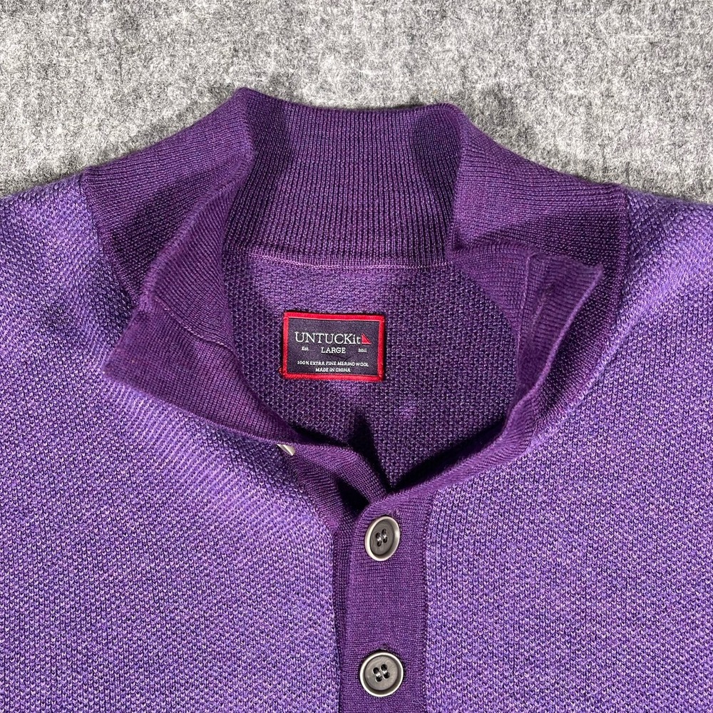 Untuckit Men's Lg Sorensen Purple Merino Wool Sweater Mock Neck 1/4 Button VGUC